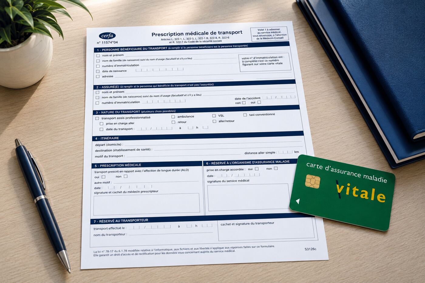 Prescription médicale de transport et carte Vitale sur un bureau