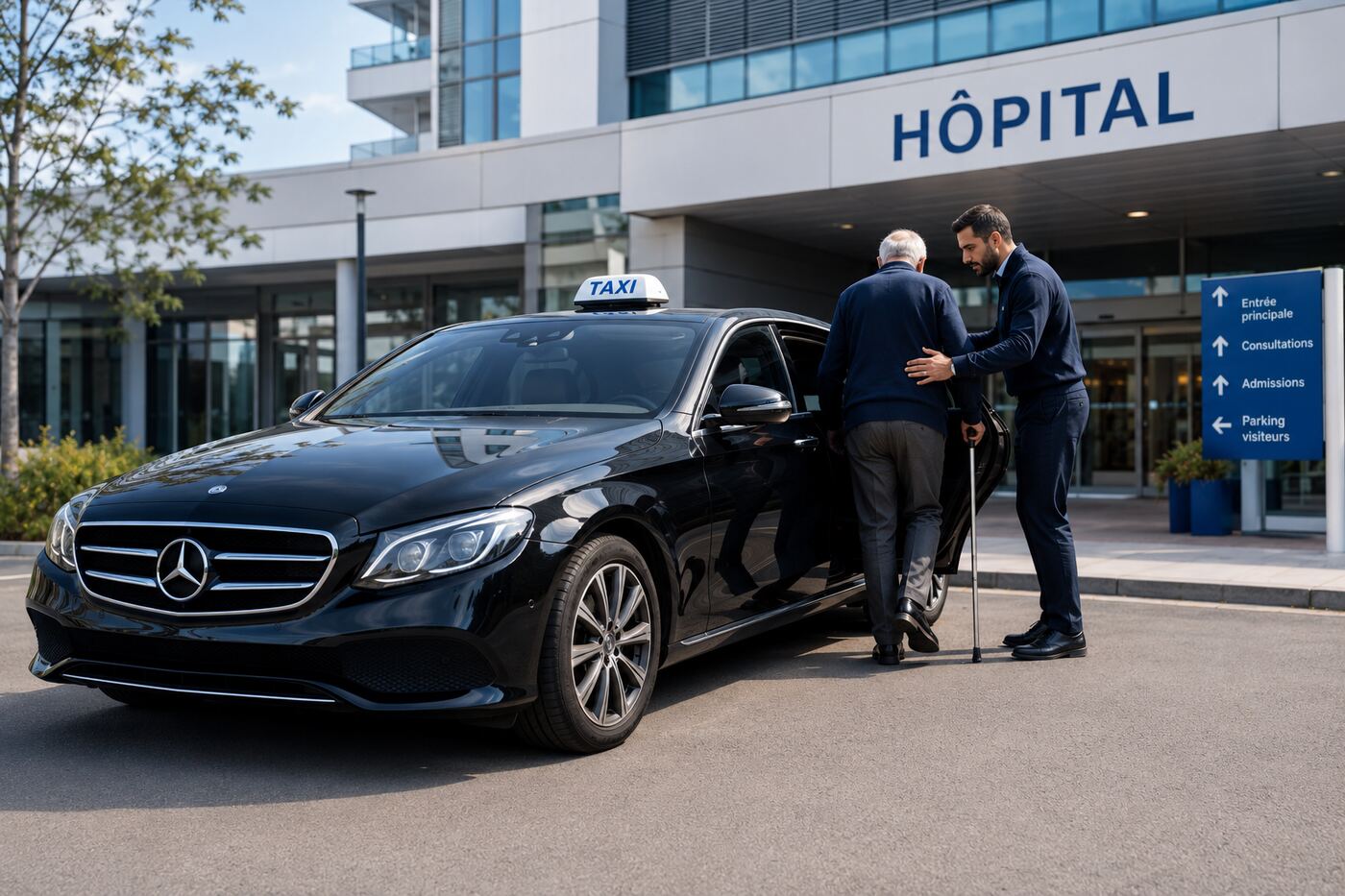 Taxi conventionné devant un établissement de santé
