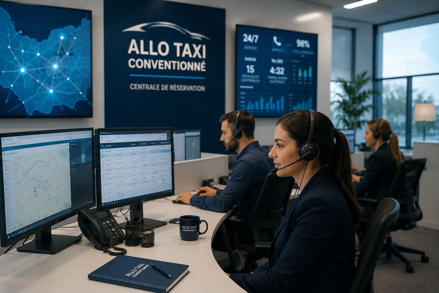 Centrale de réservation Allo Taxi Conventionné, équipe au poste de suivi des trajets
