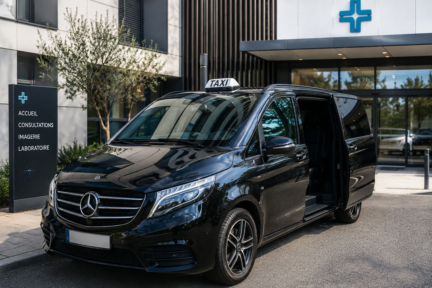 Taxi conventionné devant une clinique moderne, portière ouverte