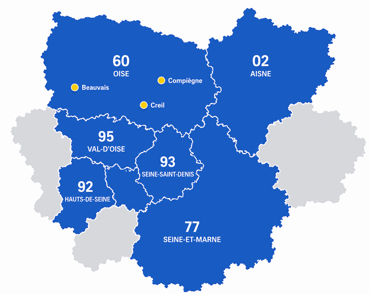 Carte des zones desservies : 60, 02, 95, 77, 93 et 92, avec Beauvais, Creil et Compiègne dans l'Oise